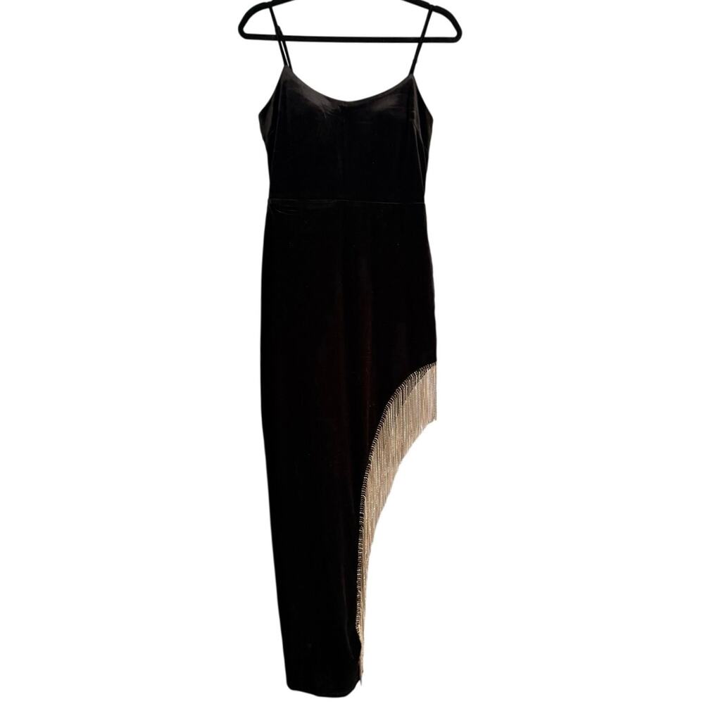 City Studio Black Velvet Dress Juniors 7 Rhinestone Fringe High Slit Bodycon